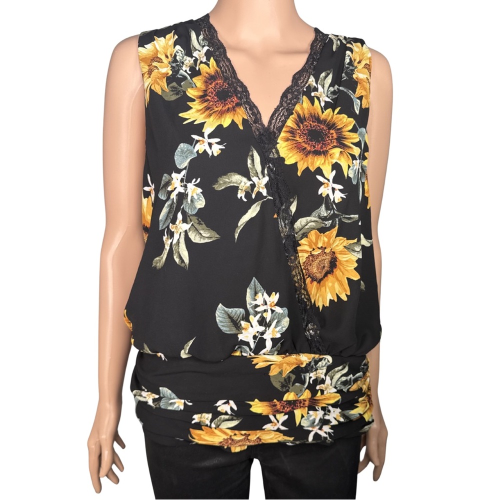 White House Black Market Sunflower Floral Sleeveless Wrap Blouse Size L
